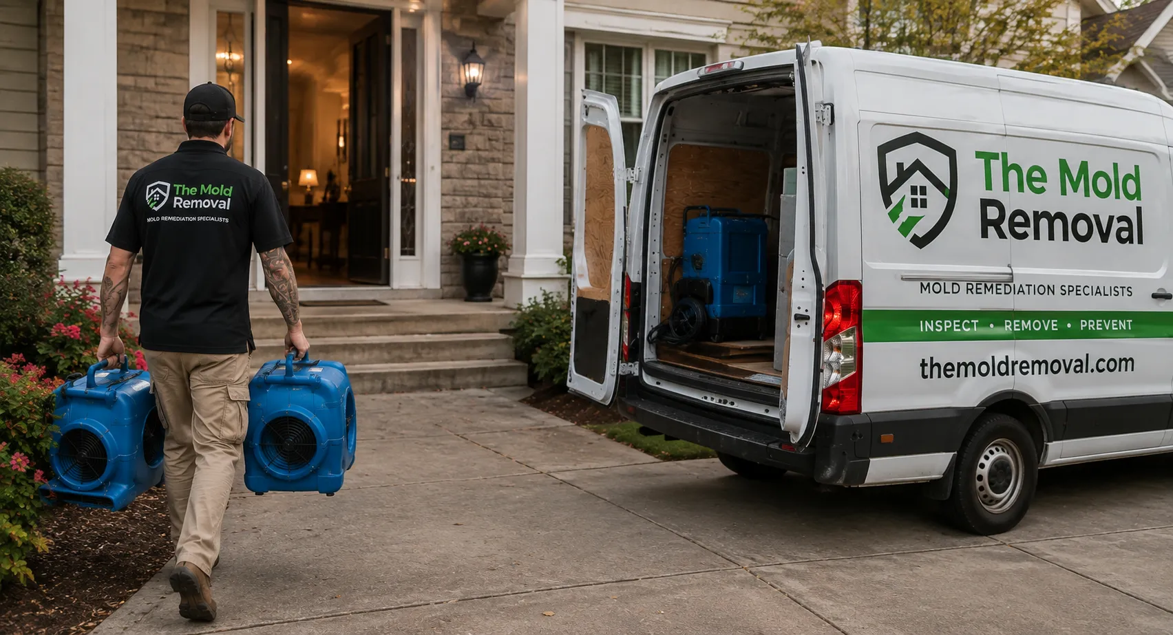 Mold remediation technician carrying two air movers toward a house, service van with its rear doors open on the driveway behind him