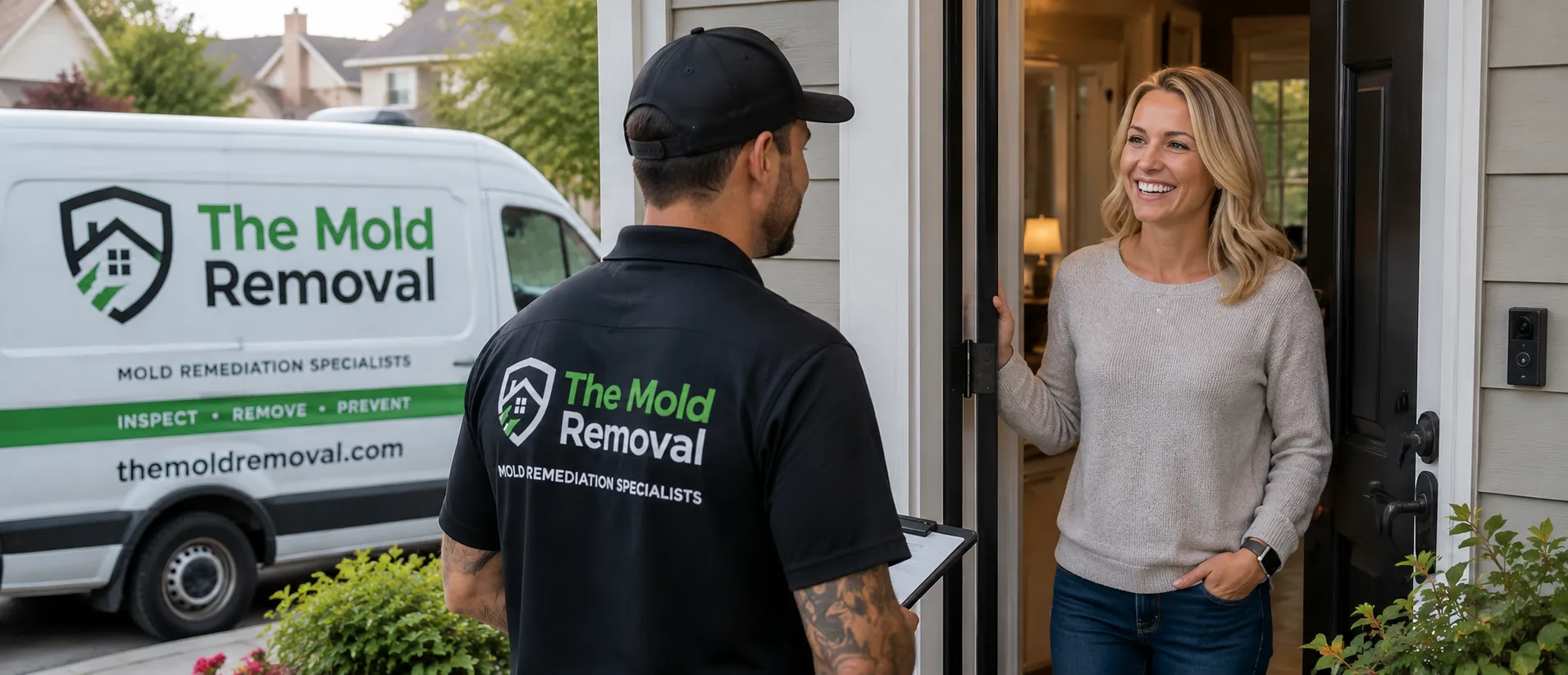 Mold remediation technician with a clipboard greeting a homeowner at her front door, service van parked on the driveway behind him